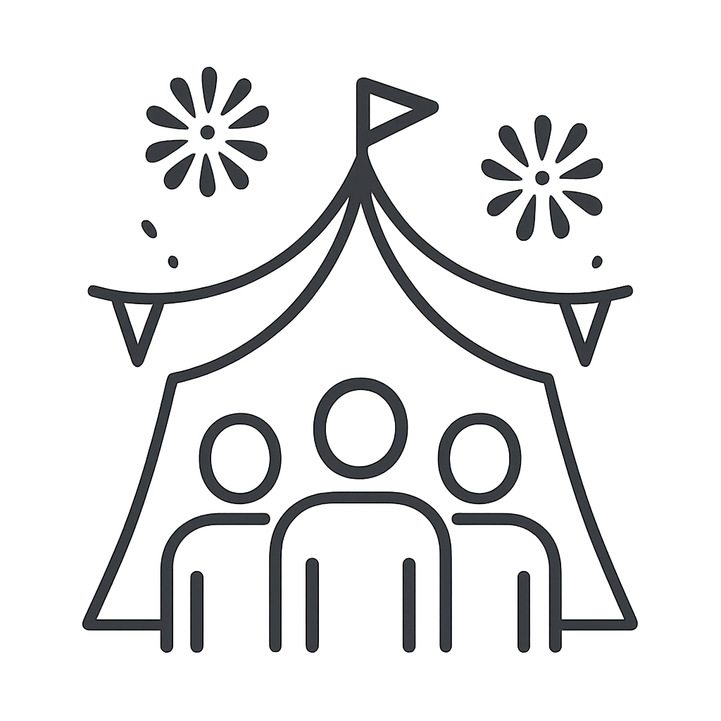 An illustrated image of a circus tent with framed sides. A small flagpole with set of flags attached sits atop the tent, f...